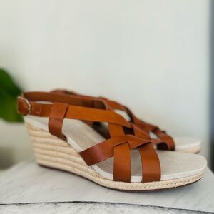 Cole Haan Crystal Wedge Leather Espadrille Strap Sandal, Brown, Size 9, NWOB‎